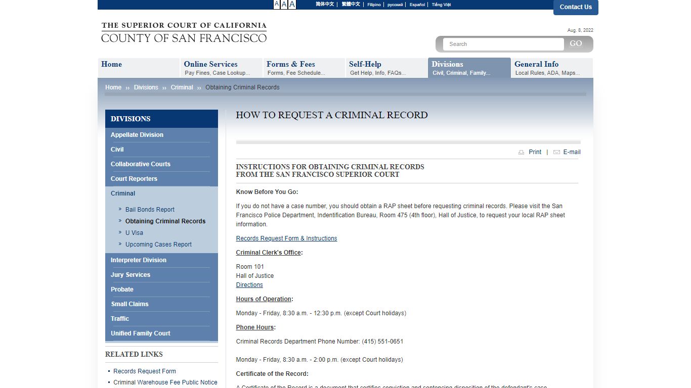 Obtaining Criminal Records - County of San Francisco