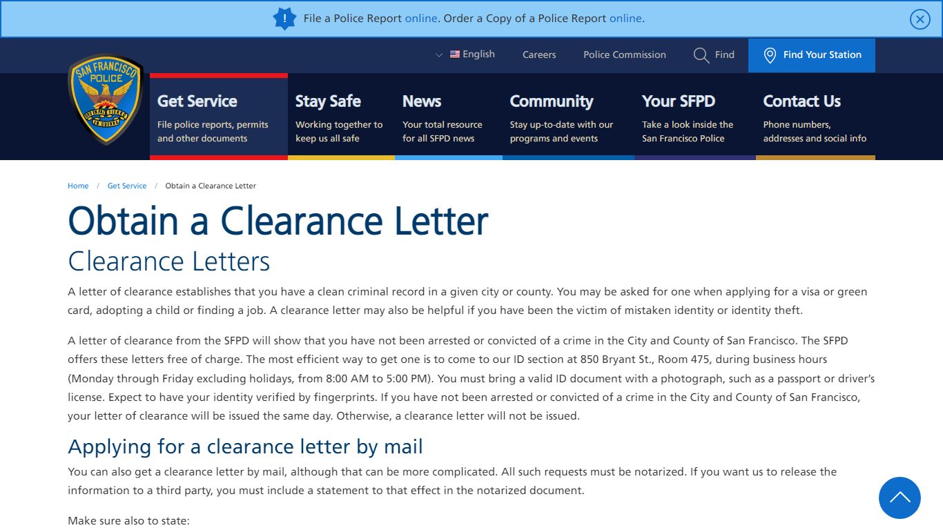 Obtain a Clearance Letter | San Francisco Police Department